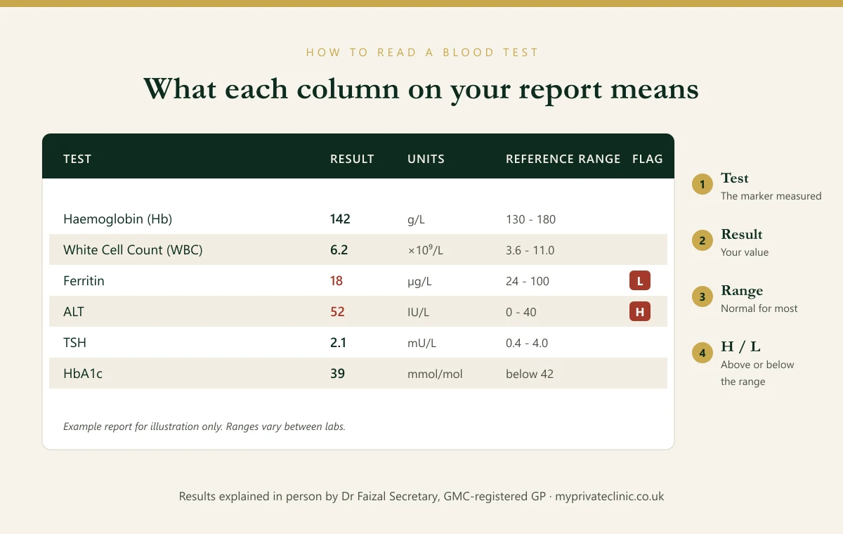 How to read a blood test report: test name, your result, units, reference range and H or L flags