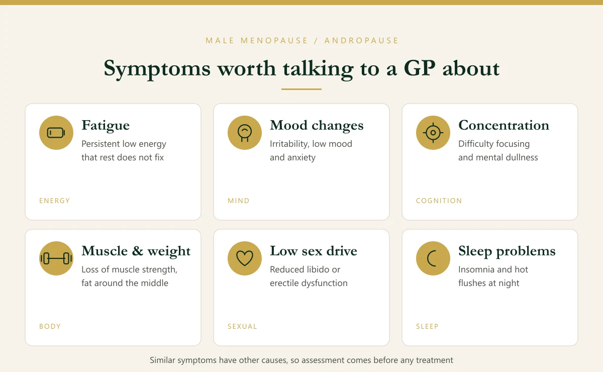 Male menopause symptoms: fatigue, mood and irritability, loss of concentration, muscle loss, low sex drive and disturbed sleep
