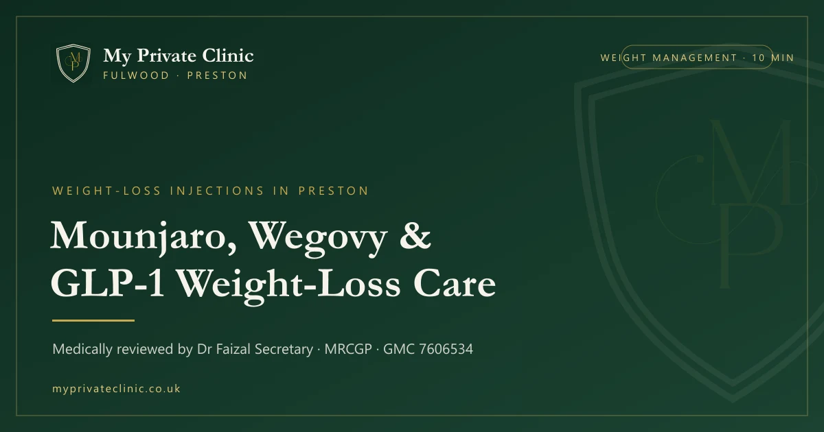 Weight-loss injections in Preston — Mounjaro, Wegovy and GLP-1 care at My Private Clinic, medically reviewed by Dr Faizal Secretary.